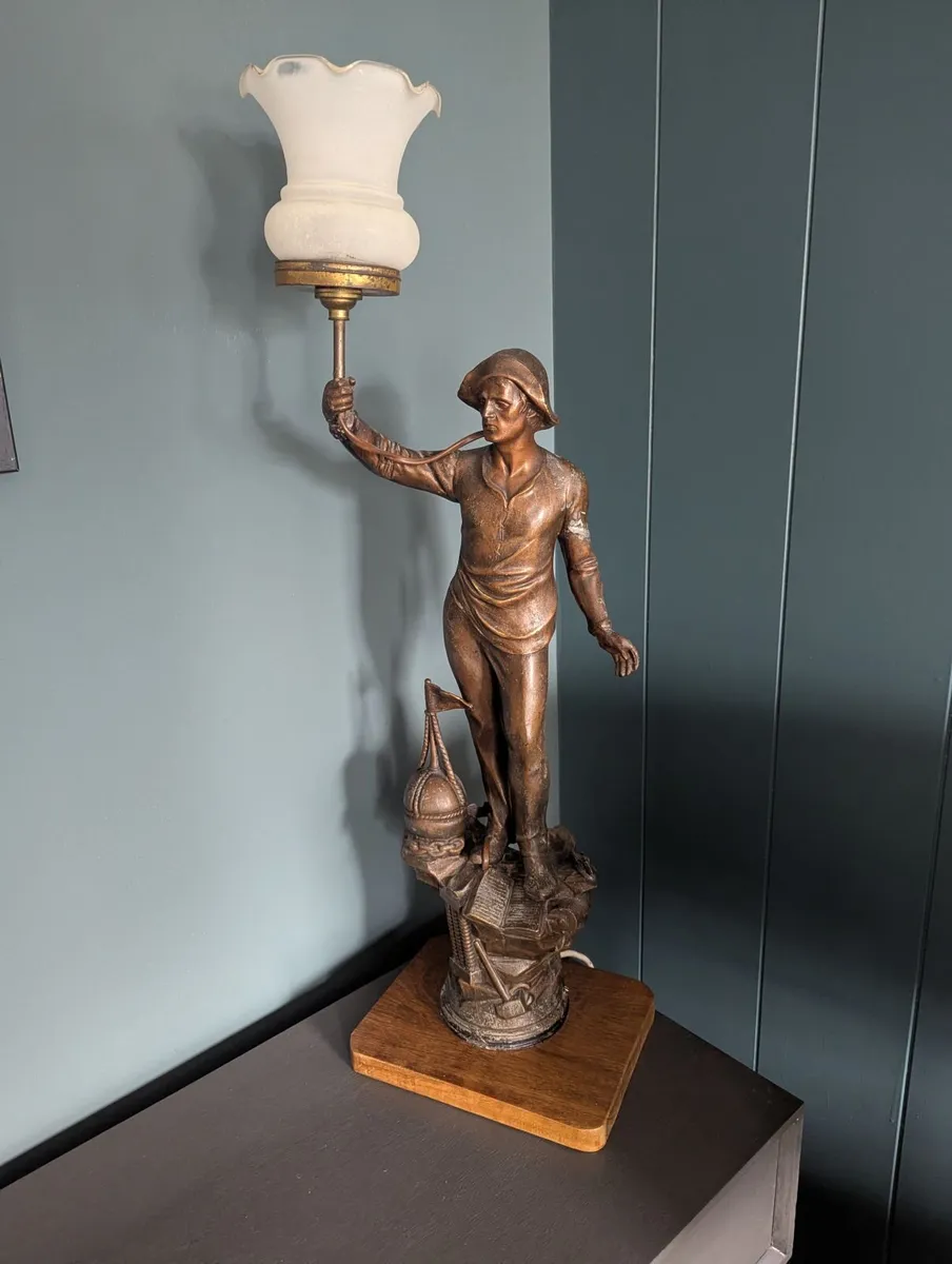 Antique Male Figural Lamp - Frosted Glass Shade - Image 2
