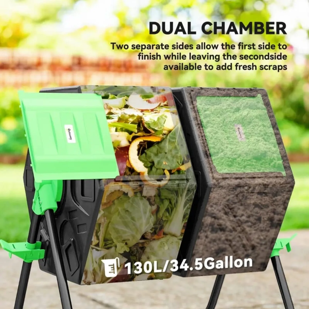 Dual Chamber Garden Compost Bin, 130L Rotating Com - Image 3