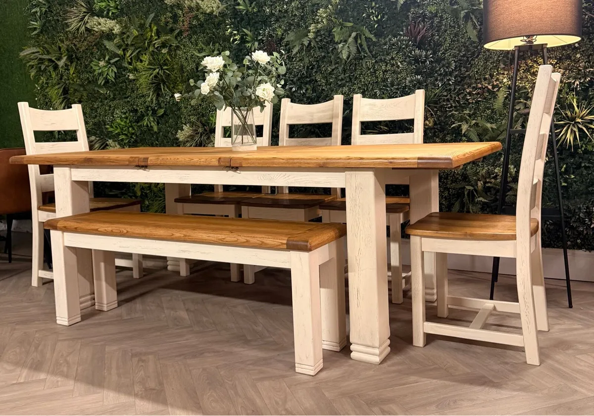 Danube extending oak dining table,5 chairs & bench - Image 3