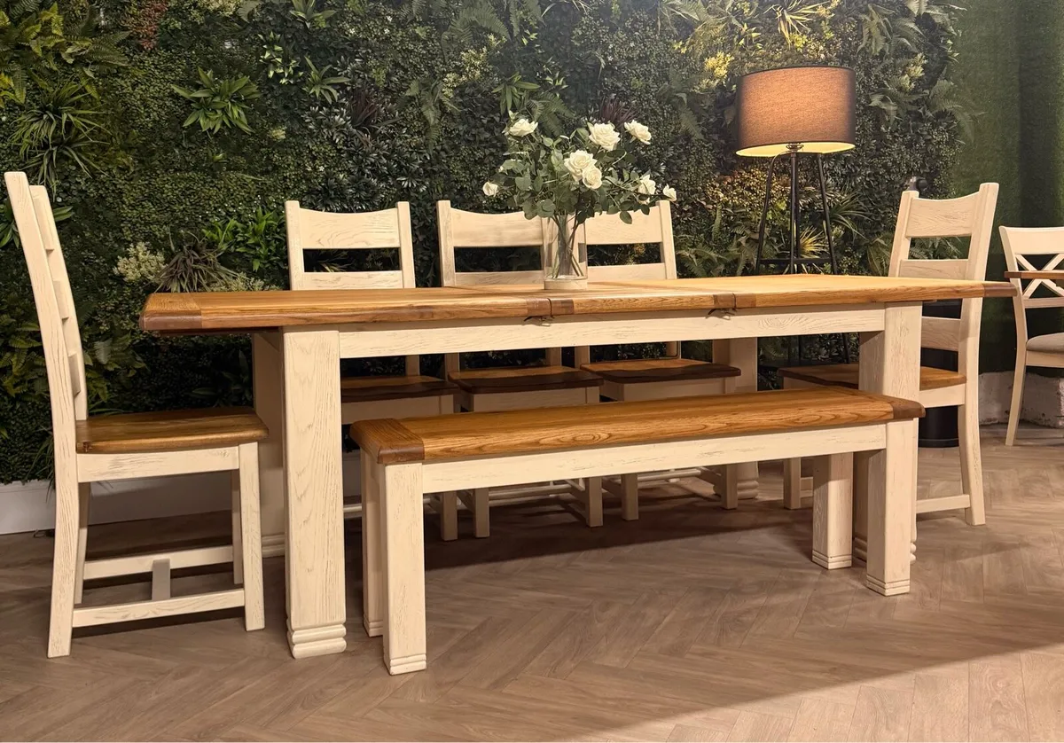 Danube extending oak dining table,5 chairs & bench - Image 1