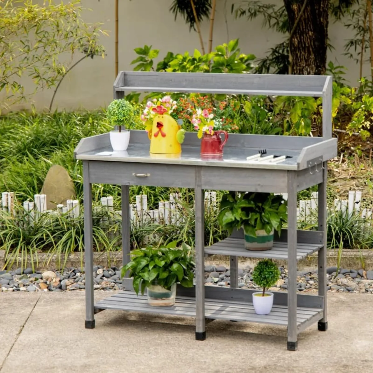 Garden Potting Table, Wooden Workstation Bench w/ - Image 2