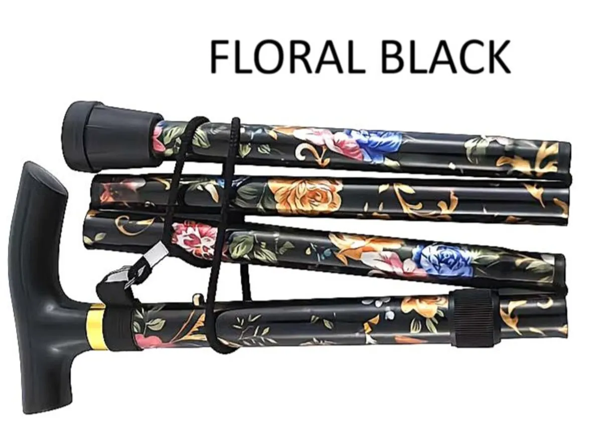 Folding Walking Stick, Black Floral - Image 2