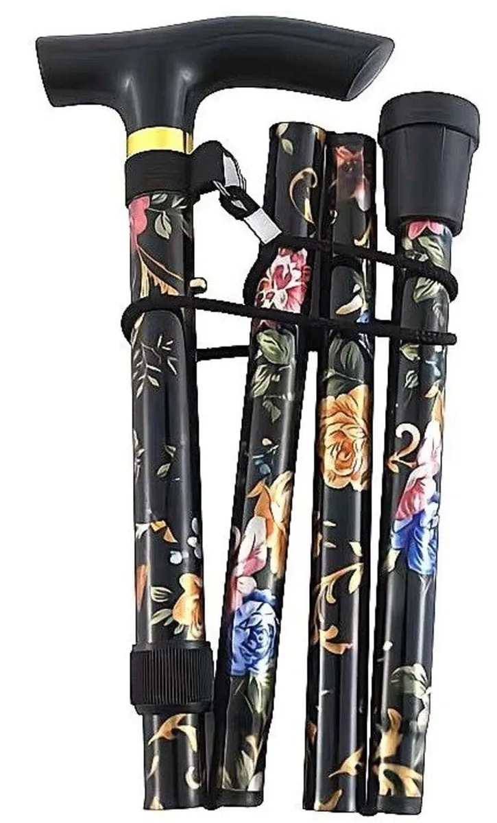 Folding Walking Stick, Black Floral - Image 1