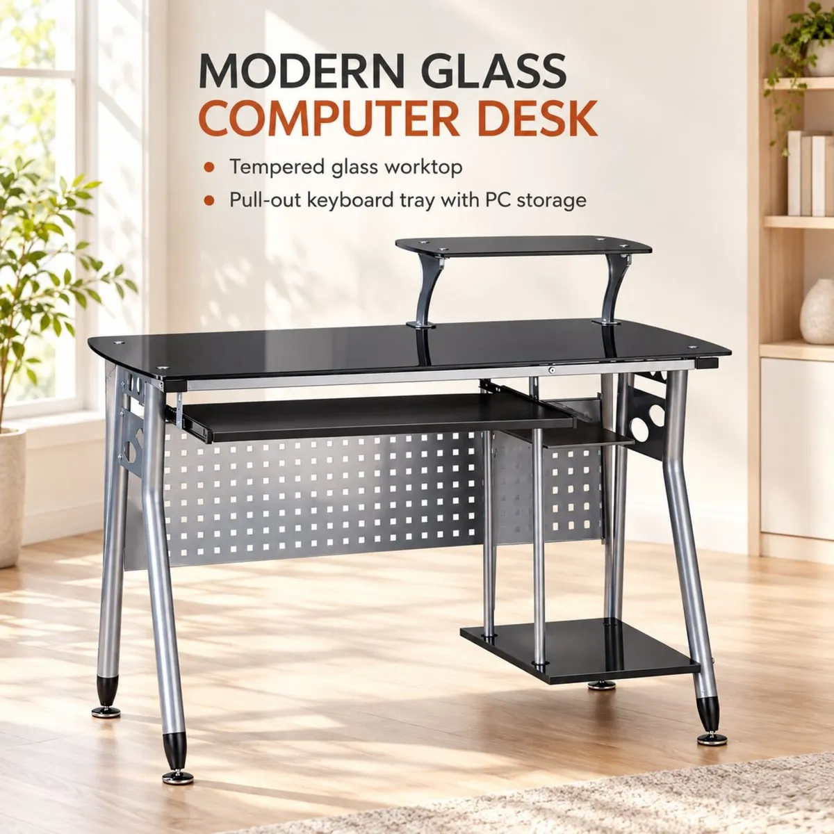 Modern Glass Computer Desk with Pull-Out Keyboard - Image 1