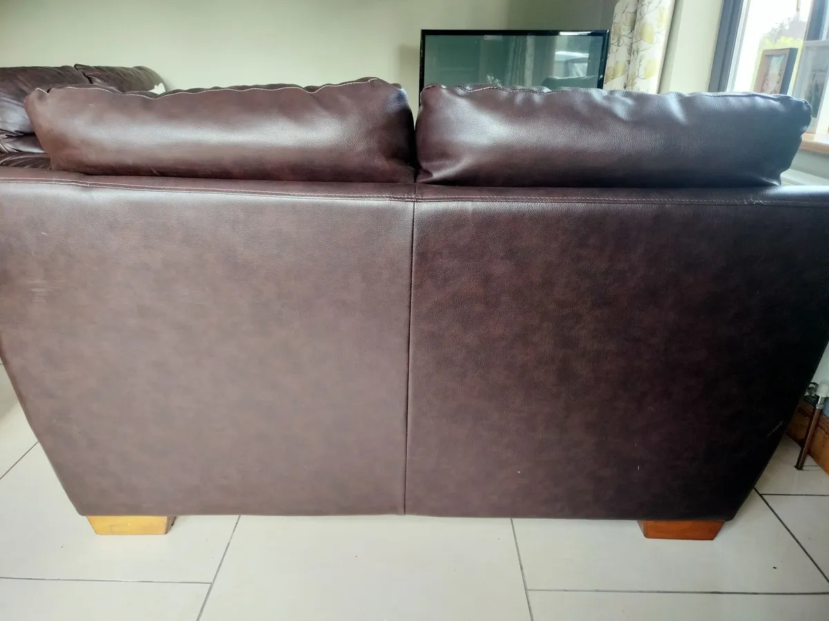 2 x two seater brown faux leather couches - Image 2