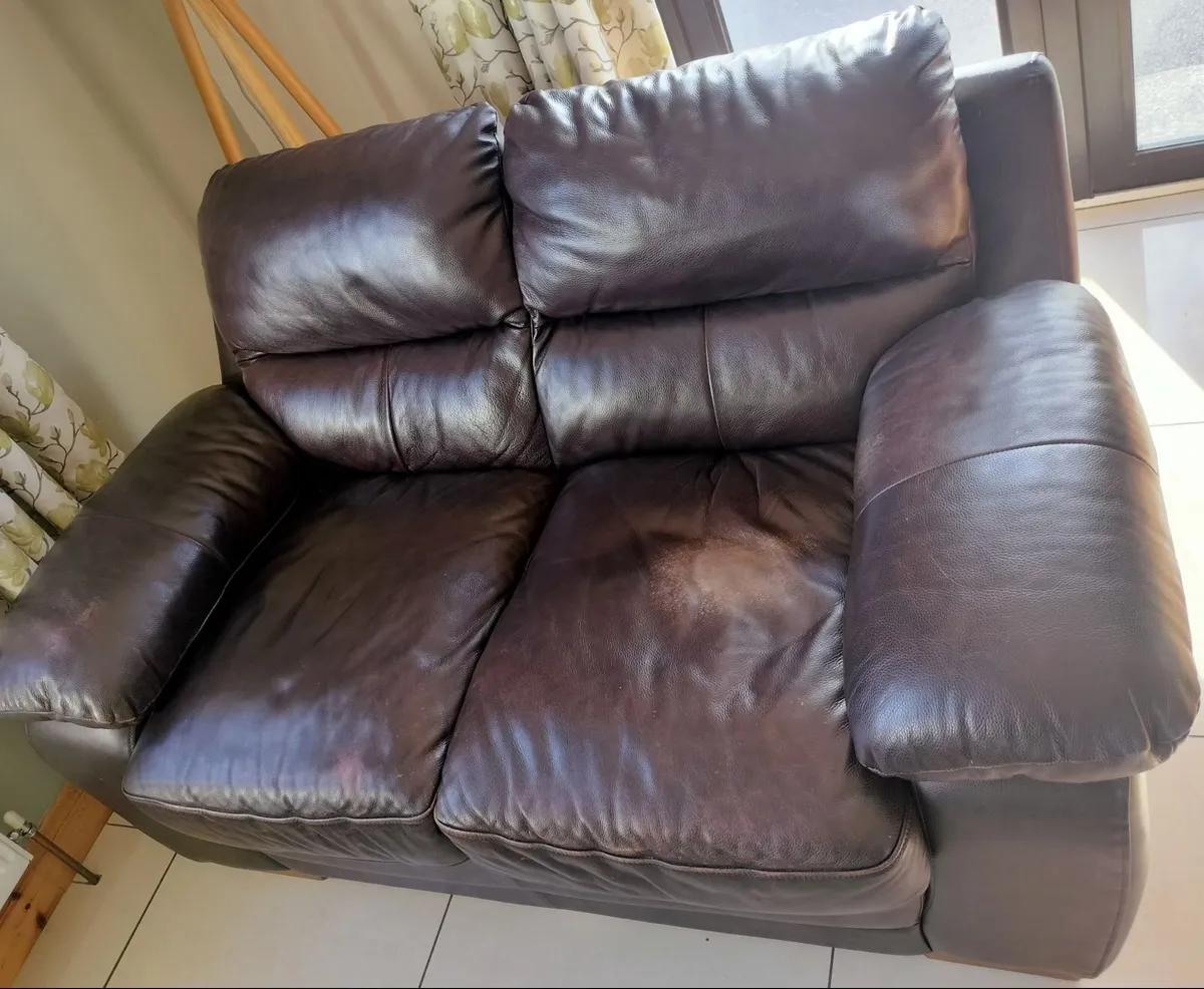 2 x two seater brown faux leather couches - Image 1
