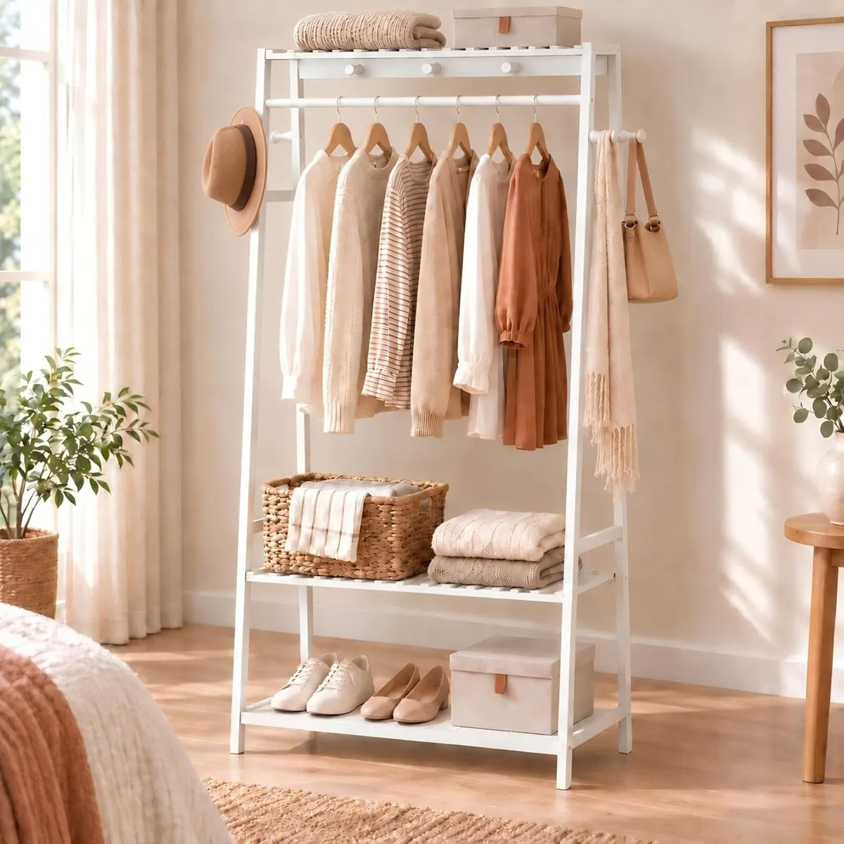 Bamboo Clothes Rail with 3 Shelves - Image 1