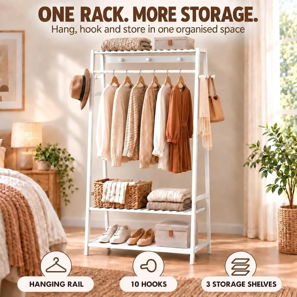 Bamboo Clothes Rail with 3 Shelves - Image 2