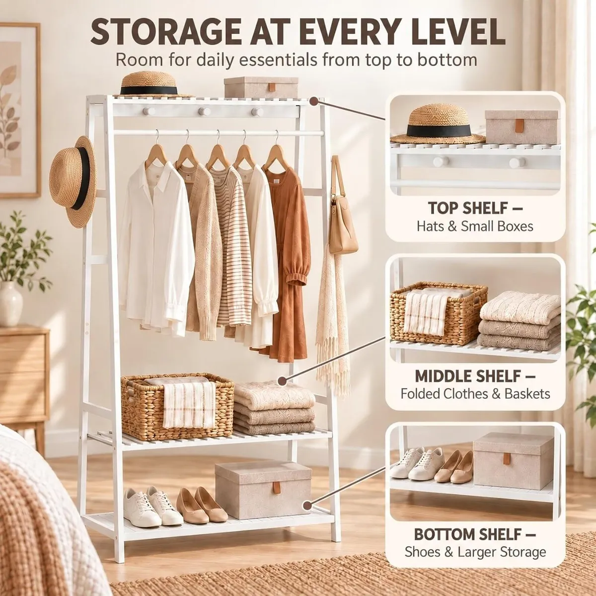 Bamboo Clothes Rail with 3 Shelves - Image 4