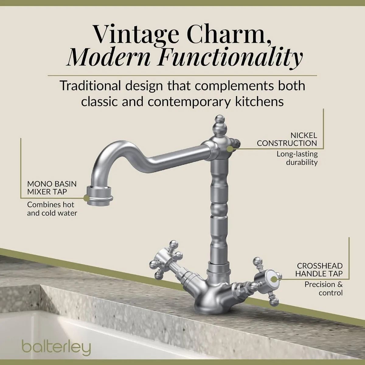 Kitchen Tap with Dual Crosshead Handles Mono Mixer - Image 2