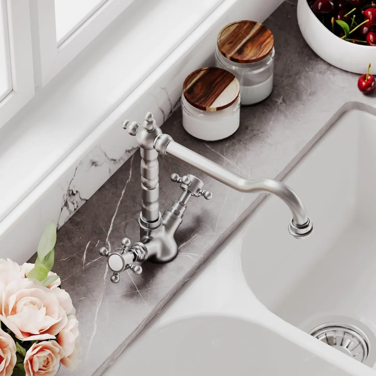 Kitchen Tap with Dual Crosshead Handles Mono Mixer - Image 4