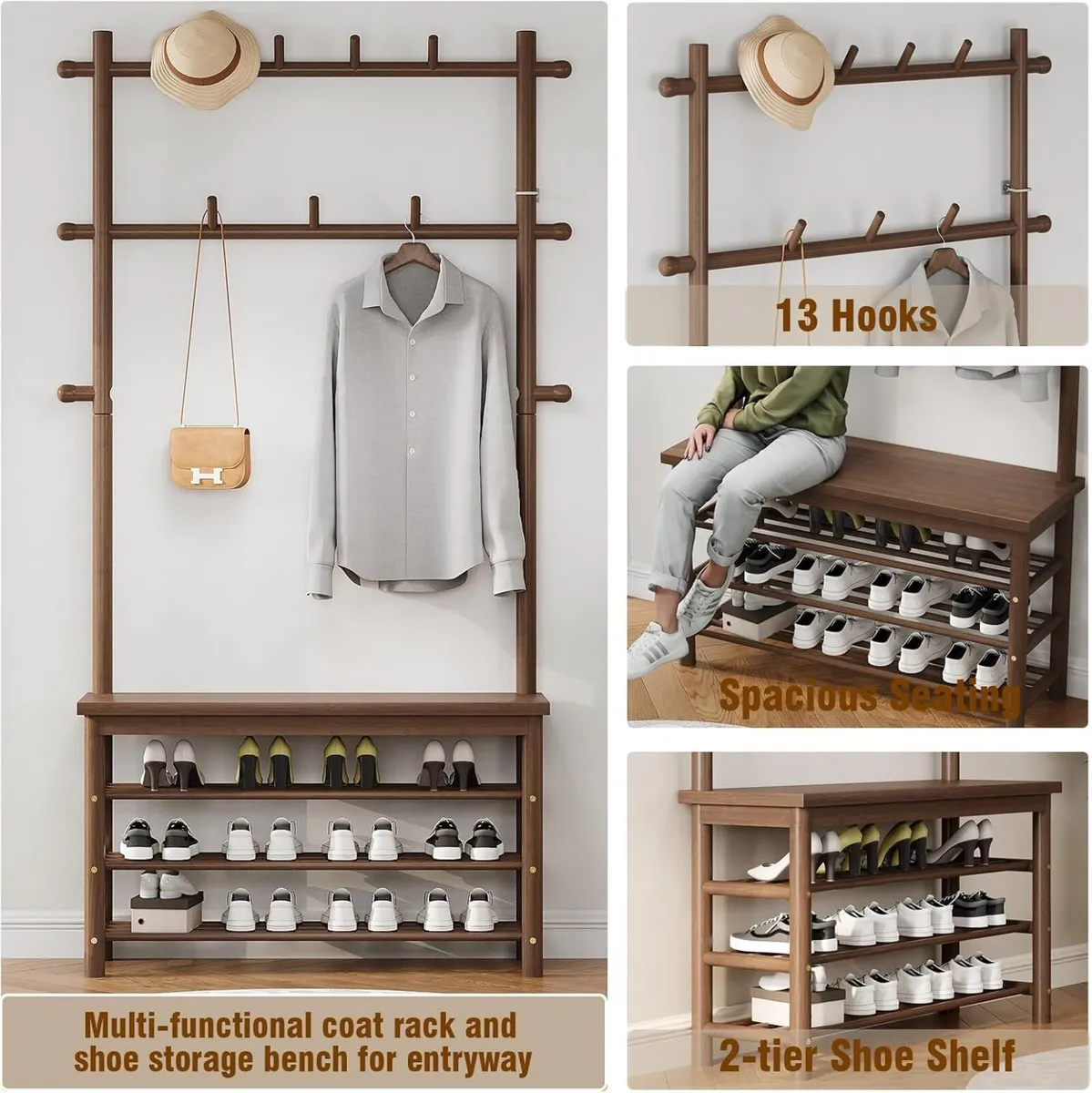 Bamboo Coat Rack with Shoe and 13 Hooks - Image 4