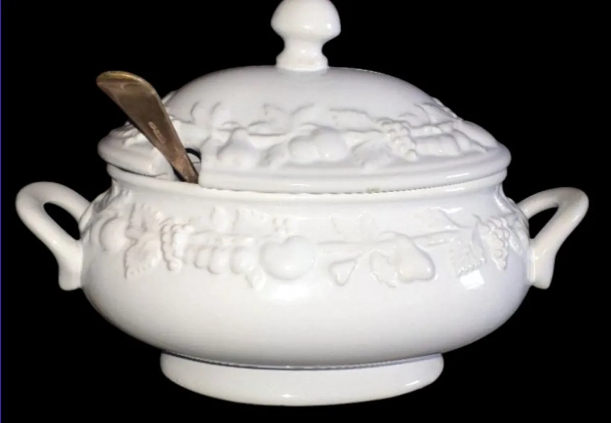 Pristine Vintage White Ceramic Soup Tureen/Ladles - Image 1
