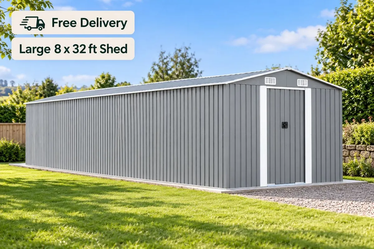 Large Grey Metal Garden Shed 8 x 32 ft Galvanised - Image 1