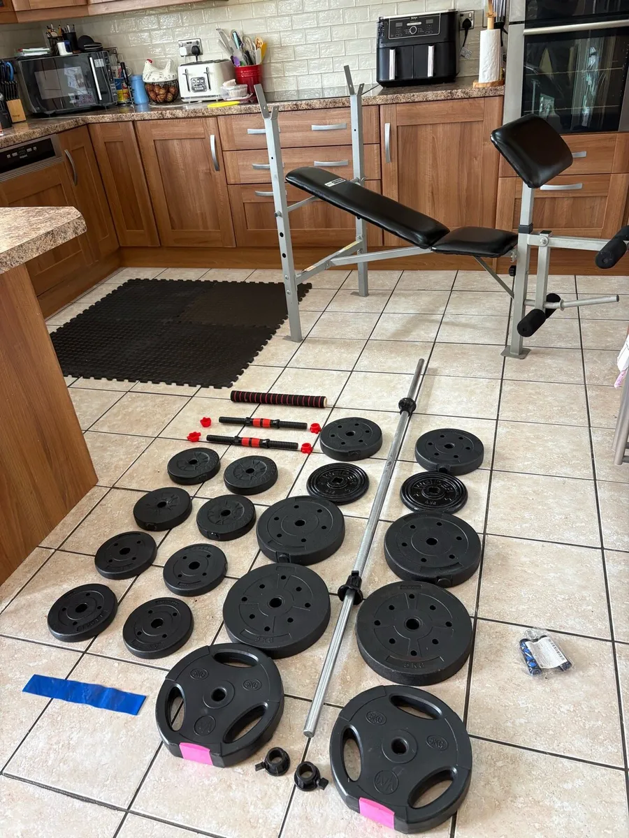 WEIGHT BENCH + 50KG WEIGHT, MATS, BARS! - Image 1