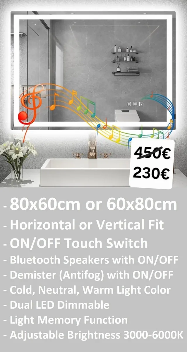LED Bathroom Mirror Demister Bluetooth Speakers - Image 1