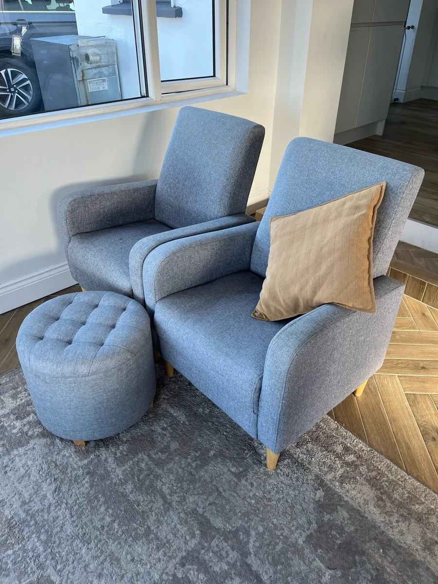 3-seat sofa, 2 Armchairs and Footstool- Light Grey - Image 4