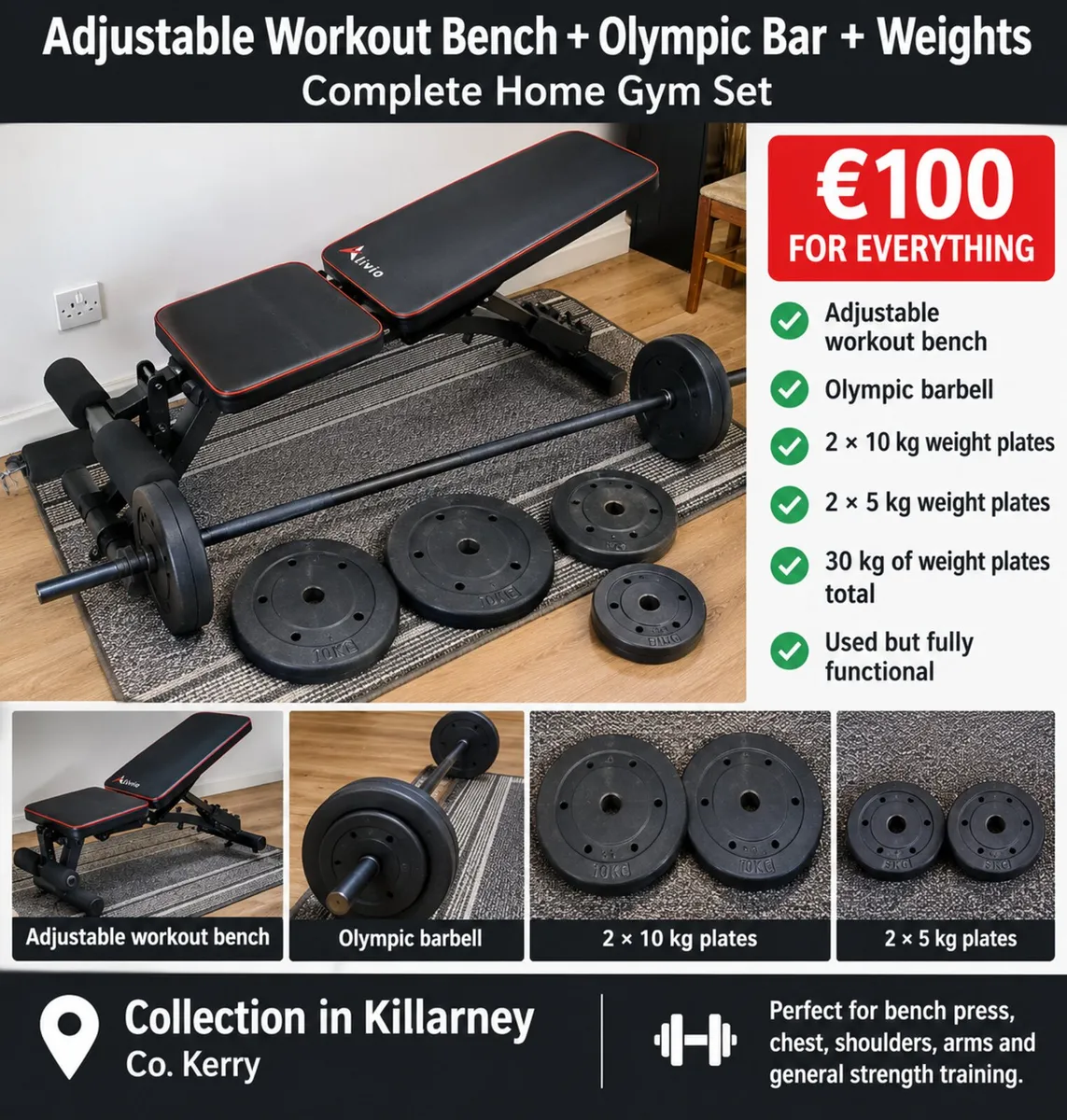 Adjustable Workout Bench + Olympic Barbell