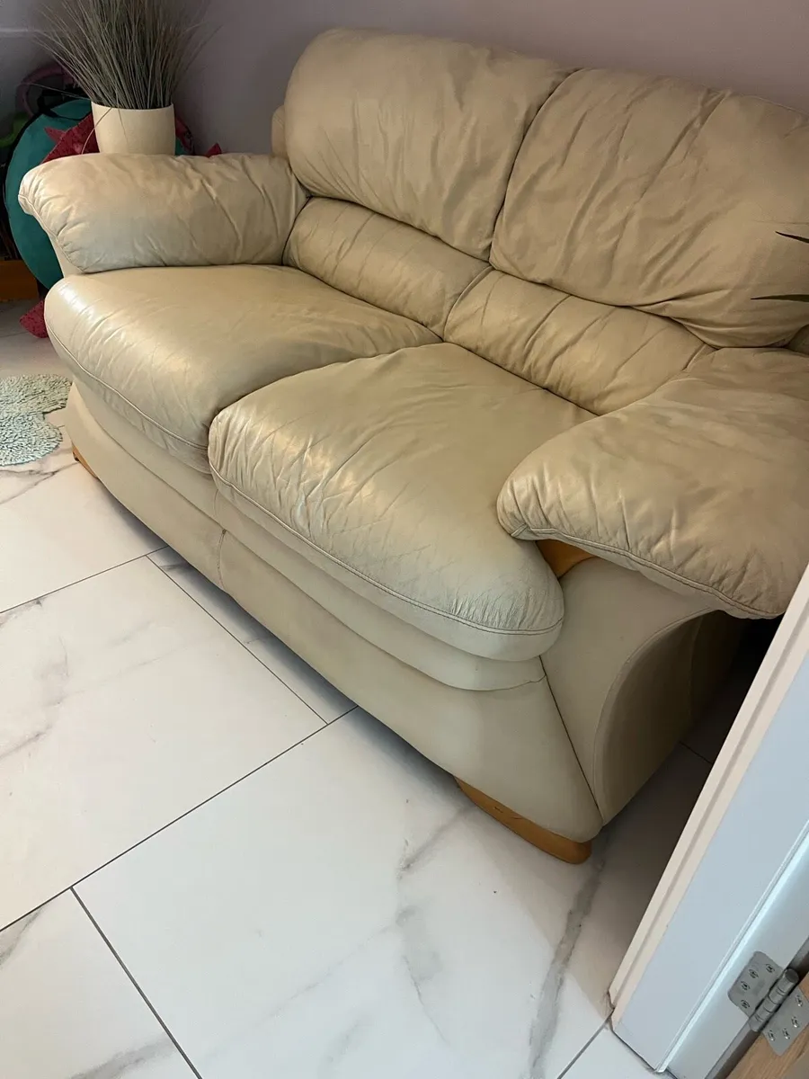 Two seater cream leather sofa - Image 2