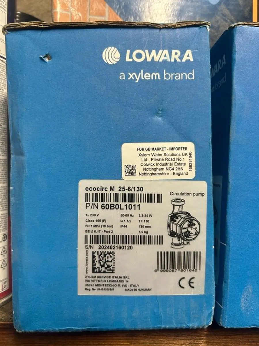 Two Xylem Lowara 10 bar Central Heating Pumps, 6 m Head 1-1/2 in G. Comes with 2x 1" gate valves