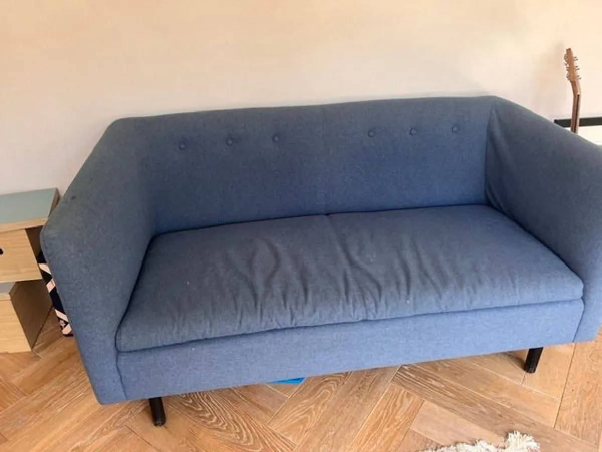 Blue two-seater sofa - button back detail - Image 2