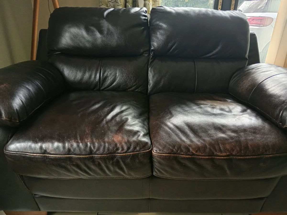 2 x two seater brown faux leather couches - Image 1