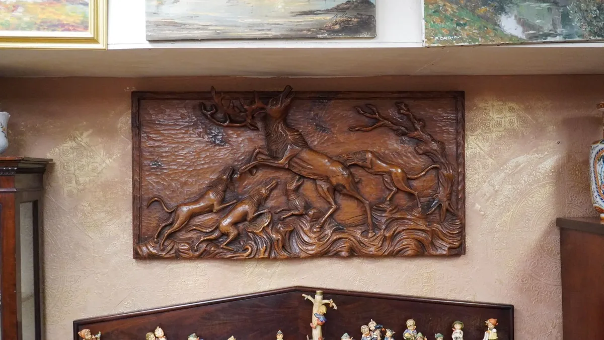 Hand-Carved Wooden Hunting Scene Relief Panel - Image 1