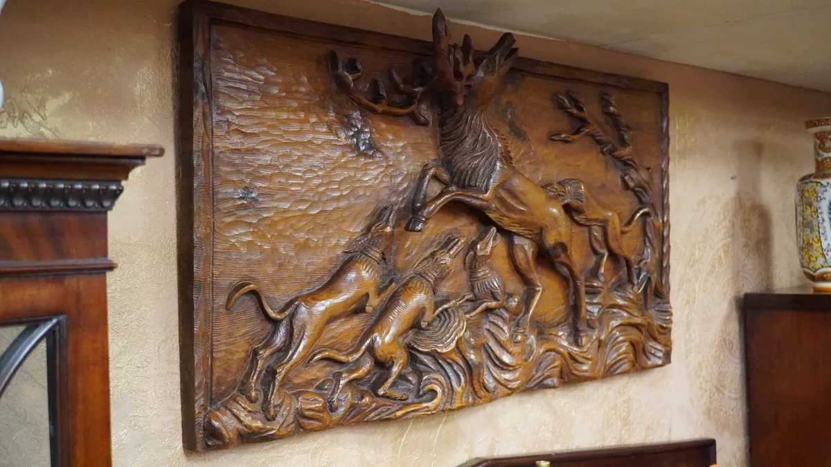 Hand-Carved Wooden Hunting Scene Relief Panel - Image 3