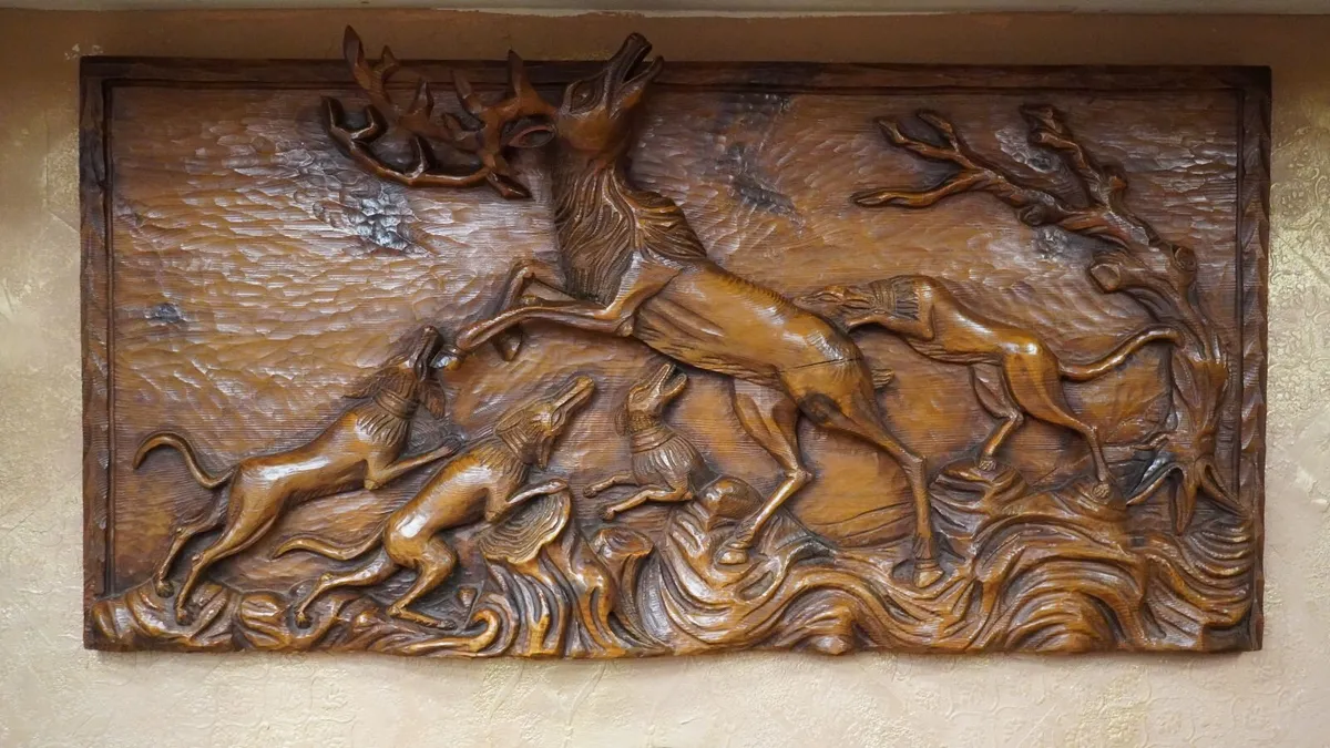 Hand-Carved Wooden Hunting Scene Relief Panel - Image 2