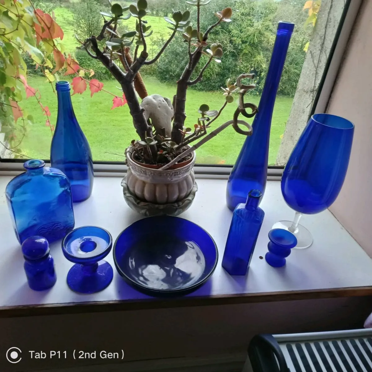 9 pieces of blue glass objects. No Charge..