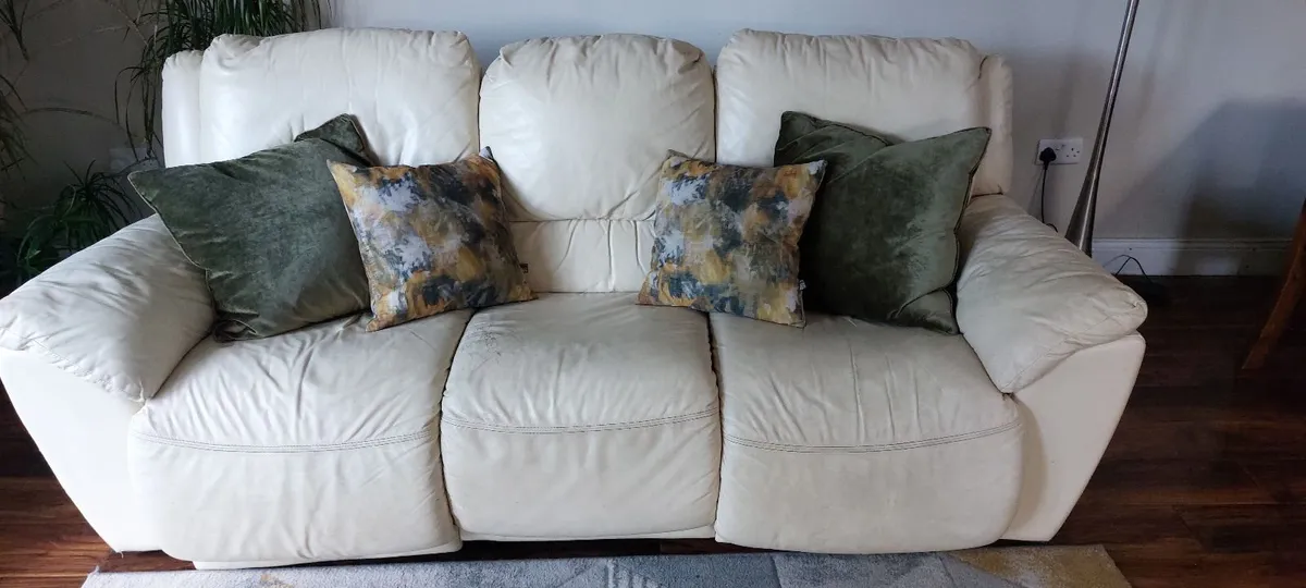 Cream Leather Reclining Sofa - Image 1