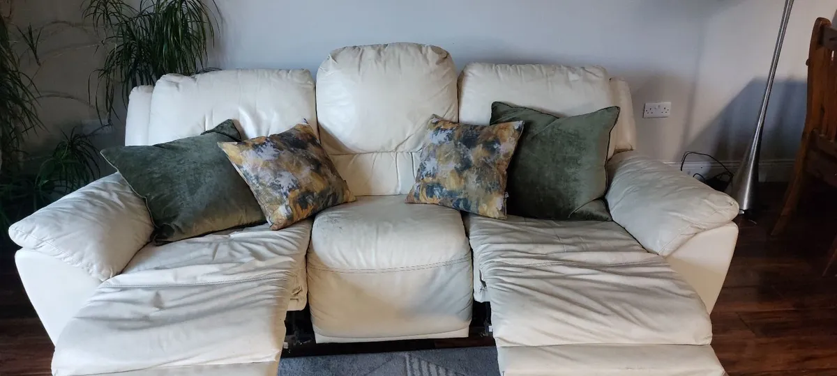 Cream Leather Reclining Sofa - Image 2