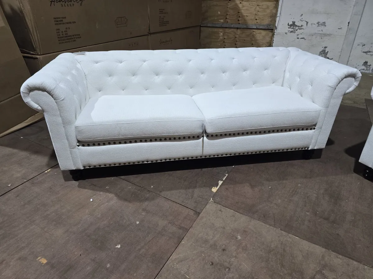 Hampton 3+2 Chesterfield White Fabric Sofa Set - Image 3
