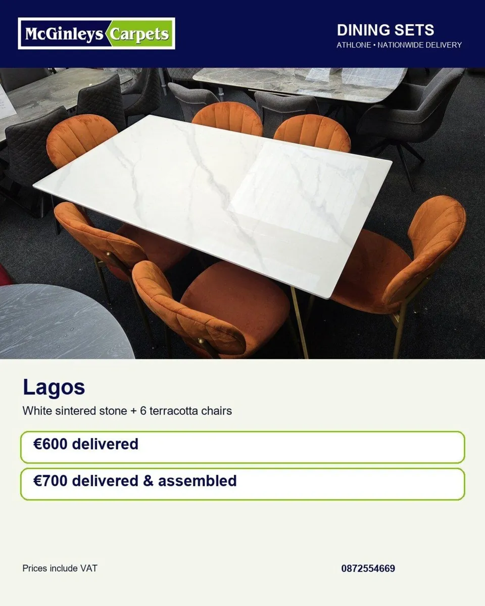White Gloss Dining Set with 6 Terracotta Chairs - Image 1