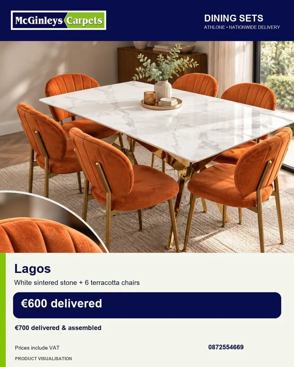 White Gloss Dining Set with 6 Terracotta Chairs - Image 2