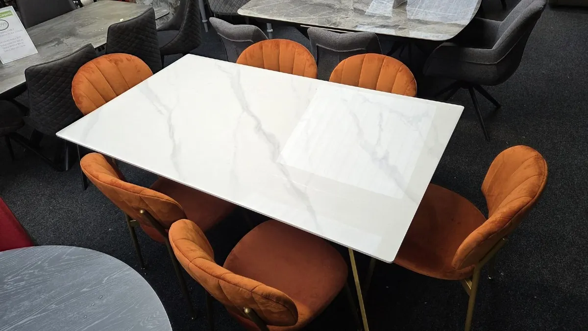 White Gloss Dining Set with 6 Terracotta Chairs - Image 4