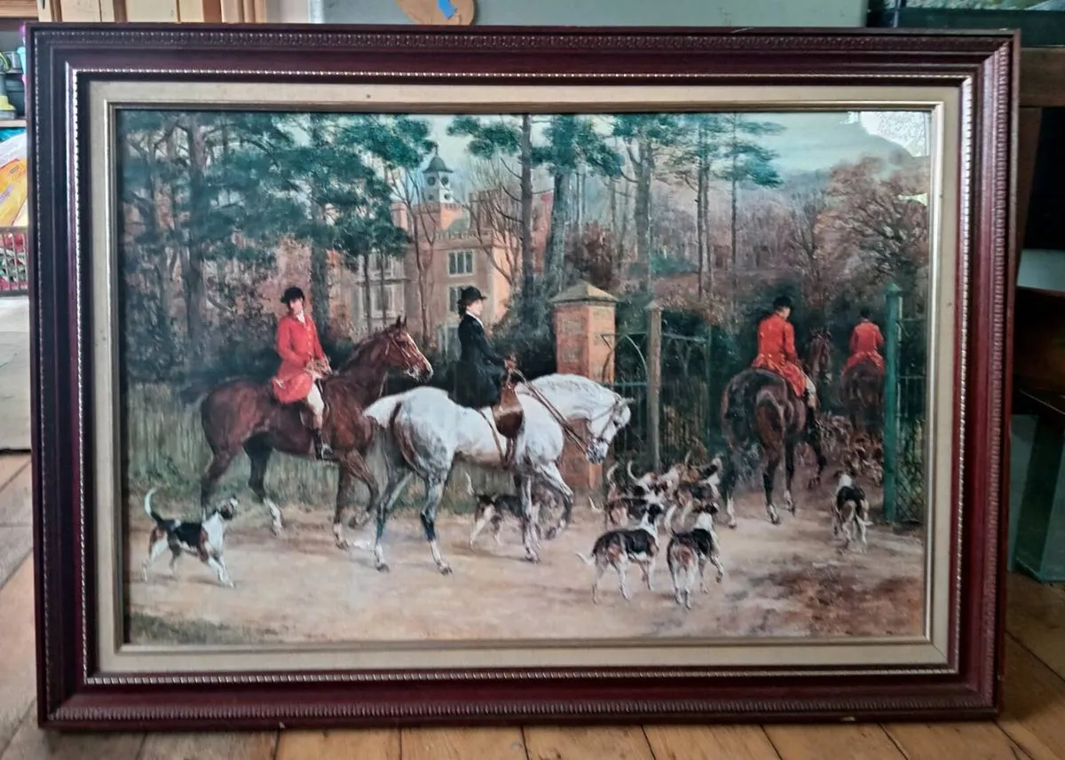Large Vintage Hunting Scene Picture - Image 1