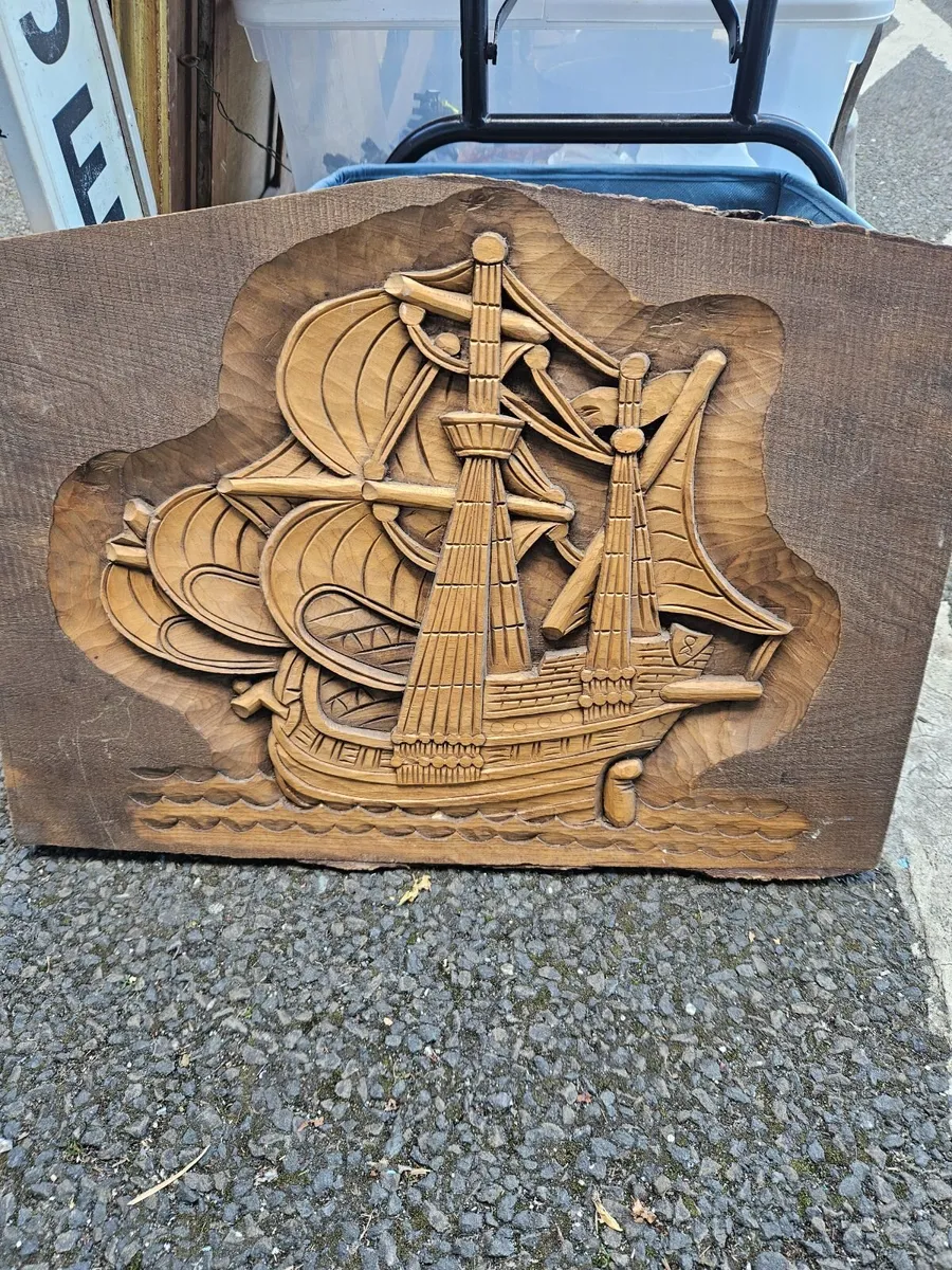 Handcarved Wooden Ship Wall Plaque - Image 2
