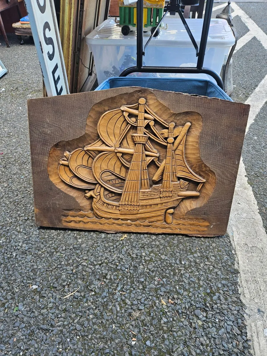 Handcarved Wooden Ship Wall Plaque - Image 1