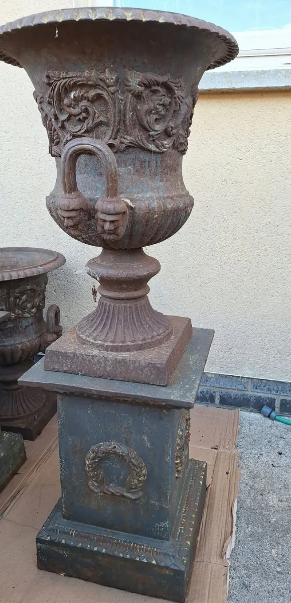 Large Cast Iron Urns on Pedestals fo Sale - Image 1