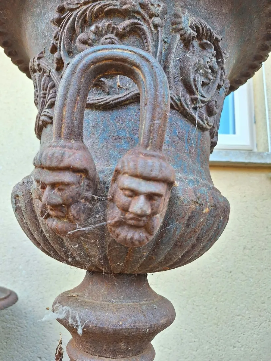 Large Cast Iron Urns on Pedestals fo Sale - Image 2