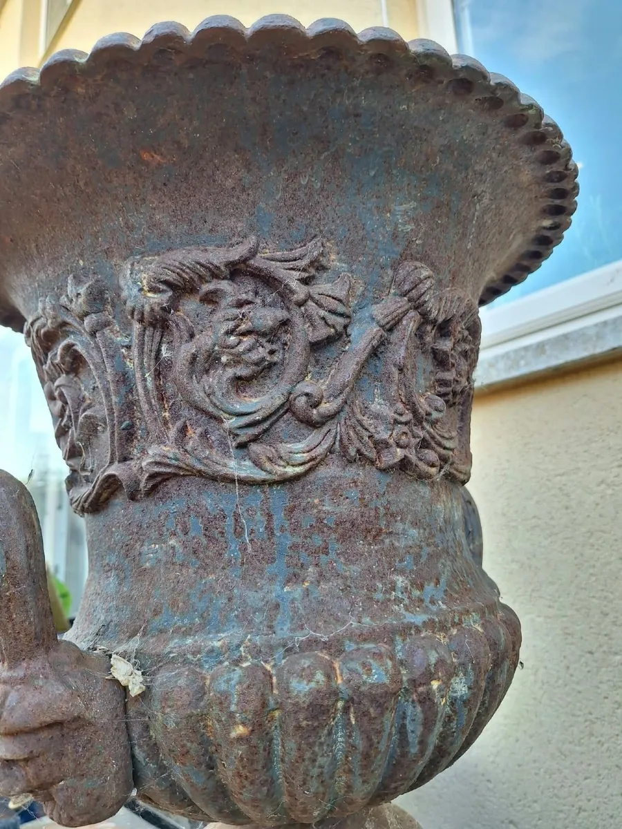 Large Cast Iron Urns on Pedestals fo Sale - Image 4