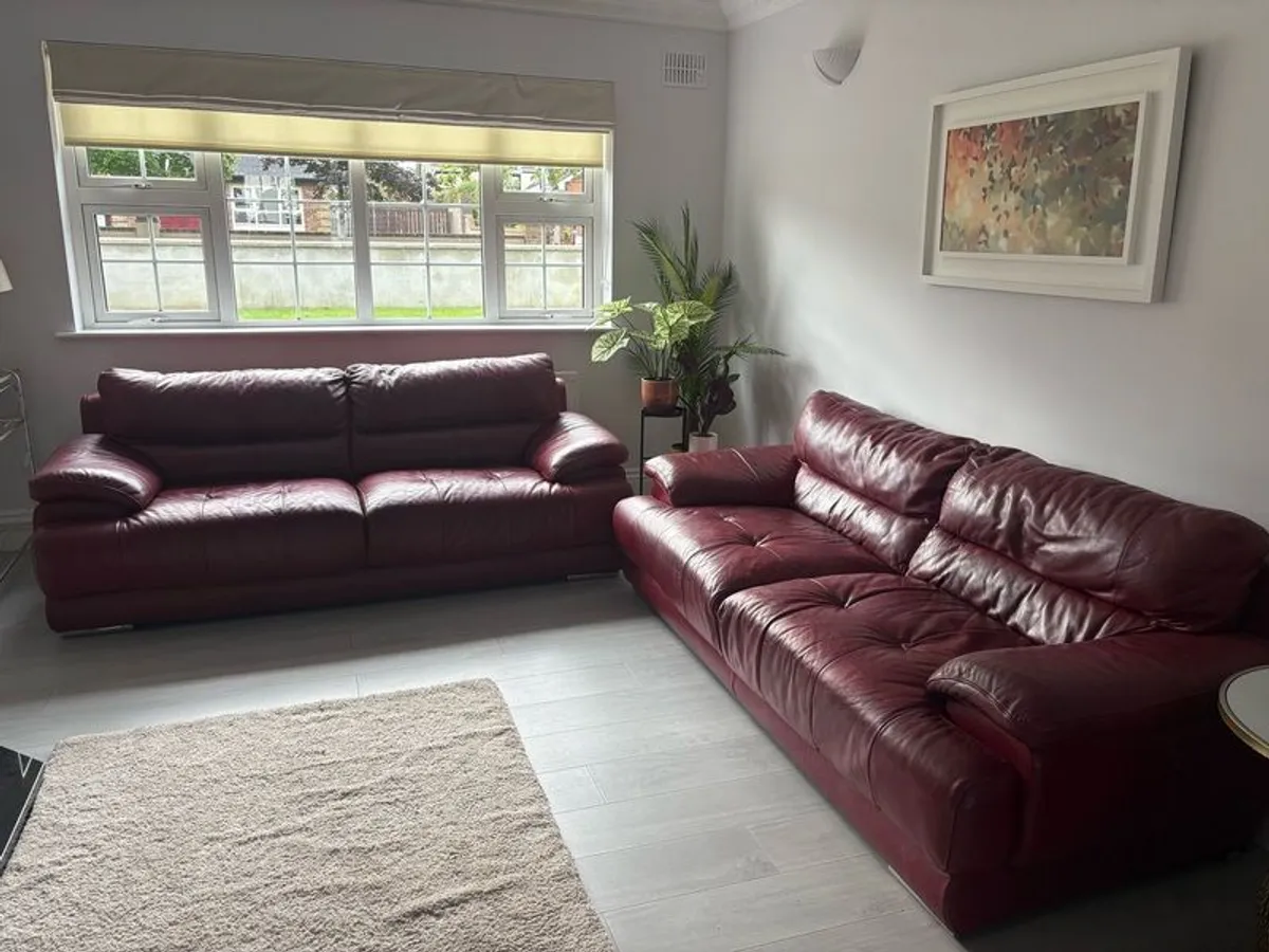 2 3 seater red leather couches and armchair - Image 1