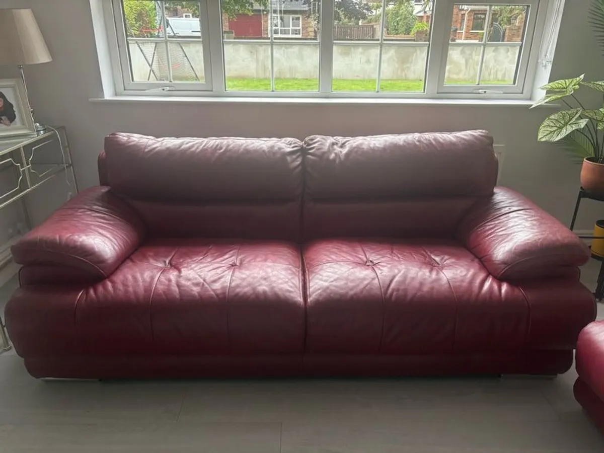2 3 seater red leather couches and armchair - Image 2