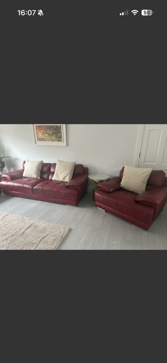 2 3 seater red leather couches and armchair - Image 3