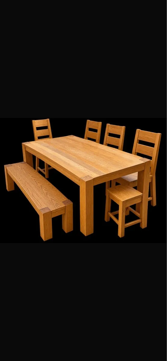 Solid Oak Dining Room Table & Chairs and Bench - Image 1