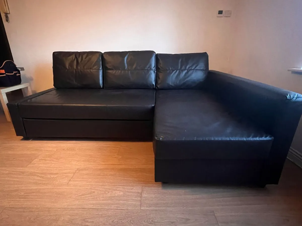 Black Vegan Leather Couch / Fold-out Double Bed - Image 4