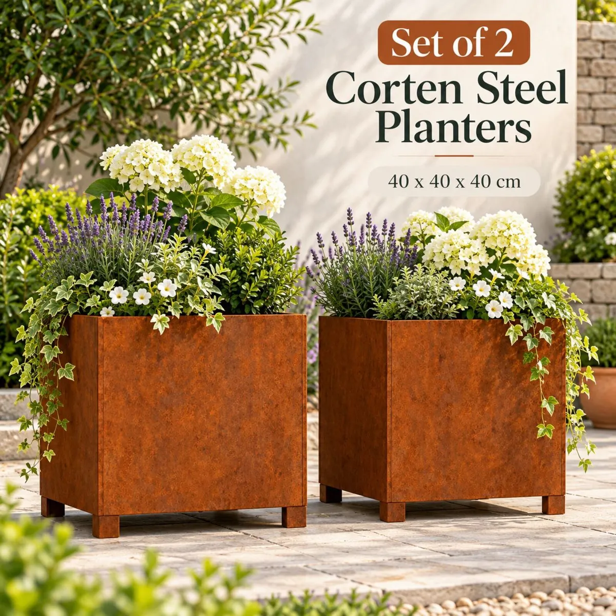 Set of 2 Corten Steel Planters with Legs 40 x 40 x - Image 1