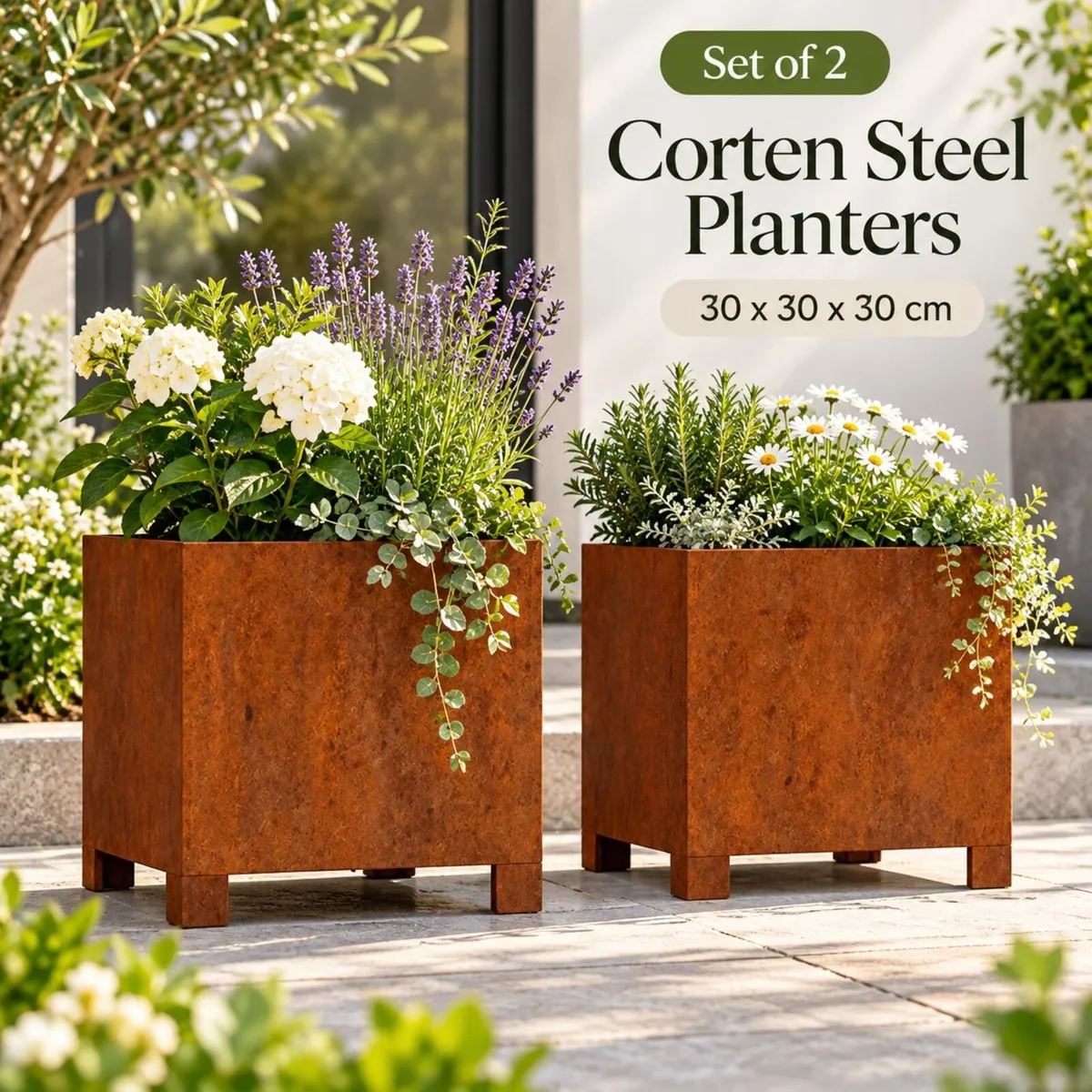 Set of 2 Corten Steel Raised Planters 30 x 30 x 30 - Image 1