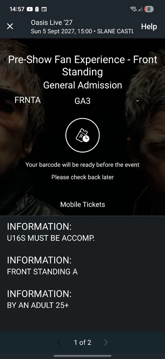 2 VIP Oasis tickets - face value - Image 1